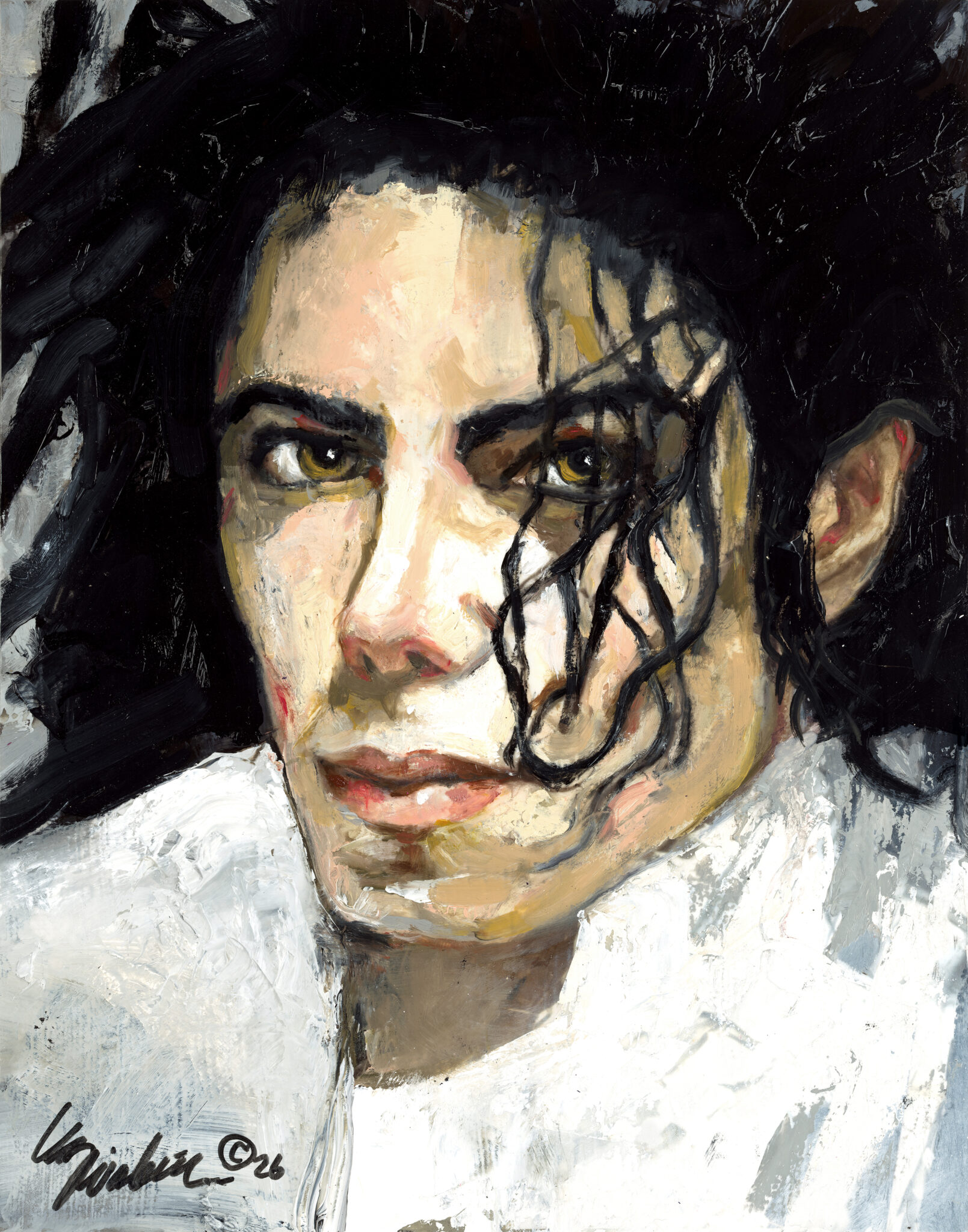 Textured oil painting portrait of Michael Jackson featuring thick brushstrokes, dark hair,and a high-contrast white shirt against a dark, expressive background