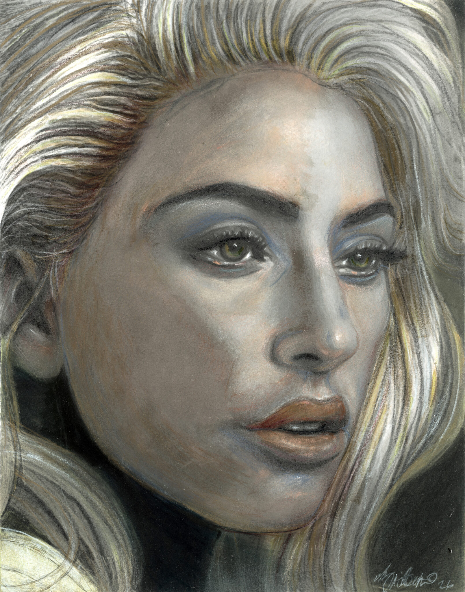 Detailed portrait drawing/painting of Lady Gaga featuring soft luminous blonde hair and expressive features set against a dark background.