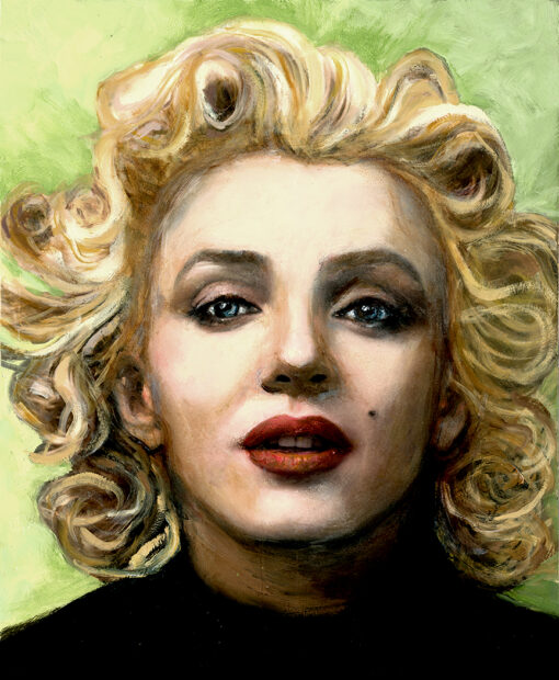 Oil Portrait of Marilyn Monroe with Voluminous blond hair and bold red lips, set against a vibrant Lime green textured background.